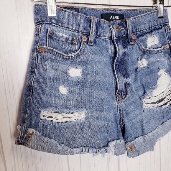 Aero Mom‎ Short Denim High Rise Distressed Shorts Blue Size 0 - Picture 5 of 8
